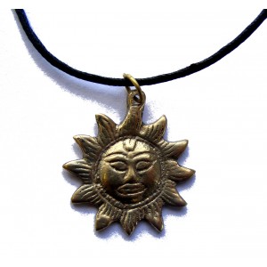 Hand Cast Bronze sun pendant necklace on adjustable waxed cotton cord. Handmade in Kathmandu