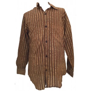 Light Brown / Dark Brown Striped Blockprint Cotton Mens Long Sleeve Shirt - Fair Trade