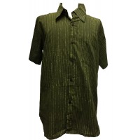 Light Green / Dark Green Striped Blockprint Cotton Mens Short Sleeve Shirt - Fair Trade