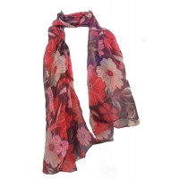 Fair Trade Red and Brown Flower Design Floaty Chiffon Scarf