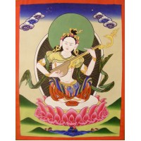 Genuine Original Tibetan Buddhist Thangka Painting - Saraswati , Goddess of Knowledge and Wisdom - Fair Trade Genuine Original Tibetan Buddhist Thangka Painting - Saraswati , Goddess of Knowledge and Wisdom - Fair Trade