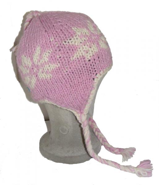 Hand Knit Wool Children's Pink Flower Earflap Hat