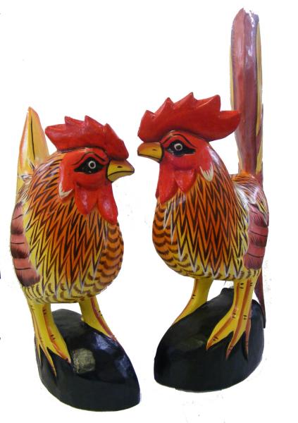 Hand carved, hand painted Wooden Hen & Cockeril - Fair Trade