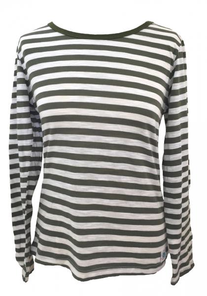Fair Trade 100% Cotton Classic Stripey Green / White Ladies Long Sleeve Fitted T Shirt
