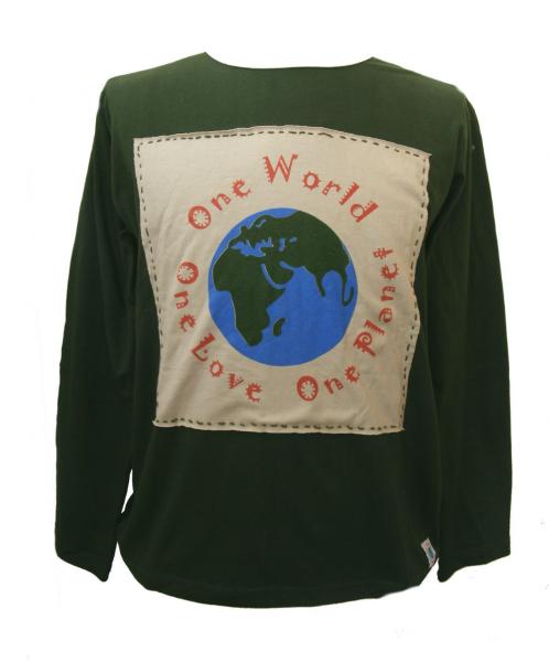 Fair Trade 100% Cotton Green One World One Love One Planet Long Sleeve T Shirt