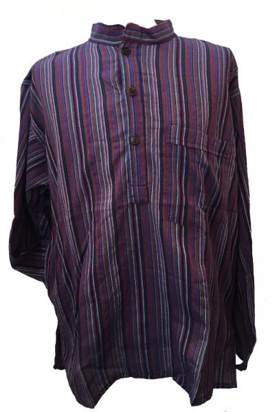 Purple / Blue / Red Striped 100% Cotton Collarless Grandad Shirt - Fairtrade