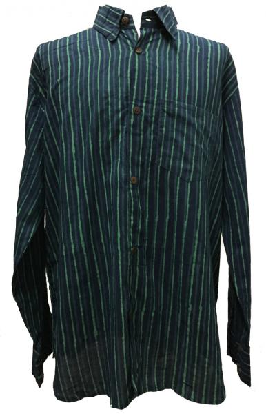 Blue / Green Striped Blockprint Cotton Mens Long Sleeve Shirt - Fair Trade
