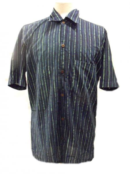 Blue / Green Striped Blockprint Cotton Mens Short Sleeve Shirt - Fair Trade