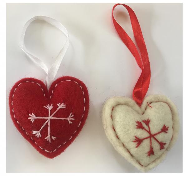 Fair Trade Felt Red & White Heart Christmas Decorations - Set of 2