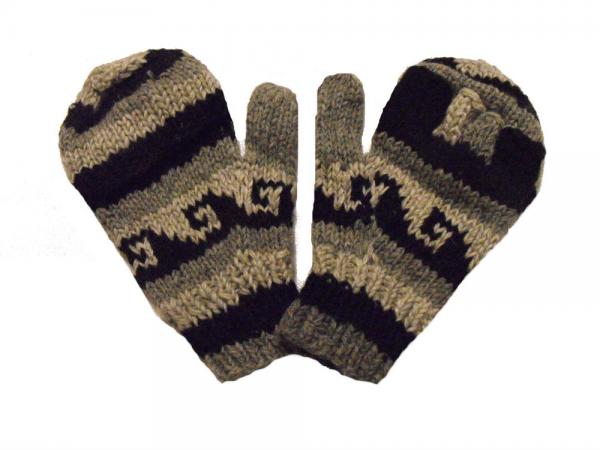 Fair Trade Handknitted Woollen Black and White  Tibetan Design Fingerless Gloves with Mitten Cover