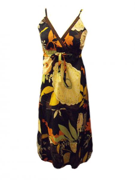 Bold Floral Patterned Dark Chocolate Brown Carmen Summer Maxi Dress - Fair Trade 100% Cotton 