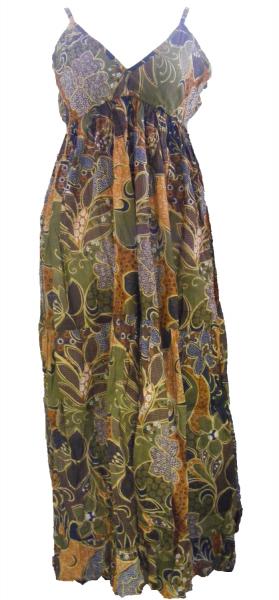 100% Soft Cotton Bold Earthy Brown Flower Patterned Long Louisa Summer Maxi Dress  - Fair Trade 
